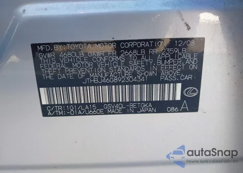 2009 Lexus Es 350 z USA, uszkodzony, nr VIN JTHBJ46G892304341